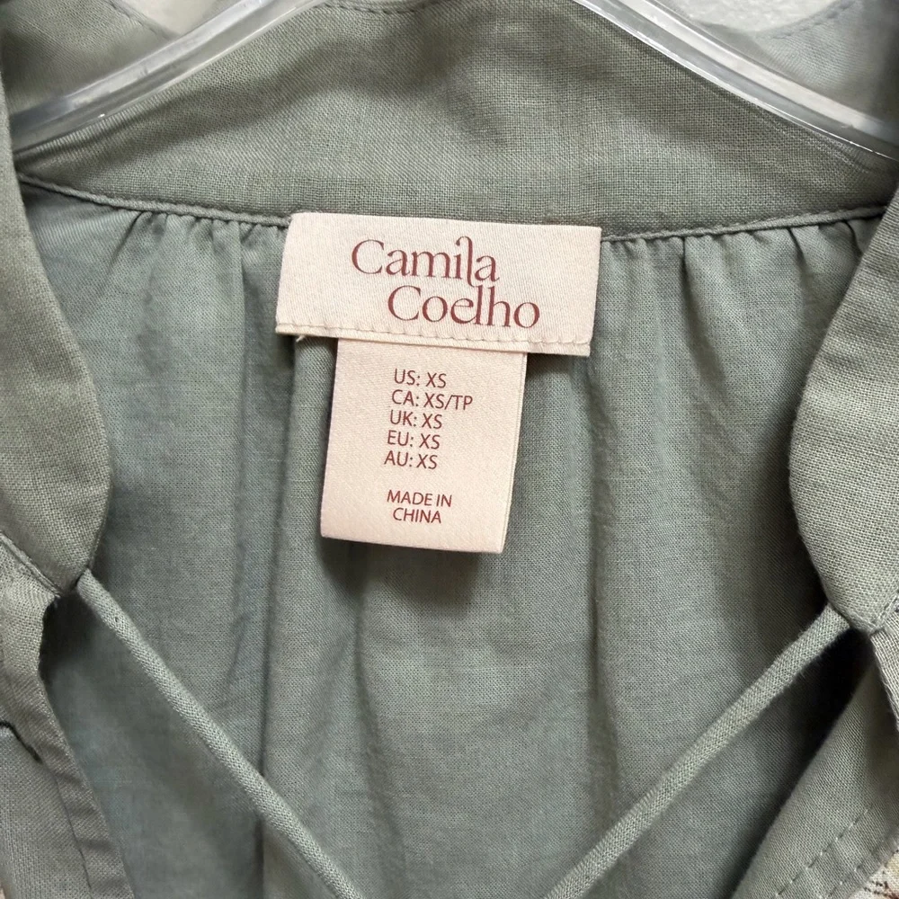 Camila Coelho Floral Mini Dress Blouson Sleeve Waist Tie Size Sage Green Size XS - Picture 10 of 11